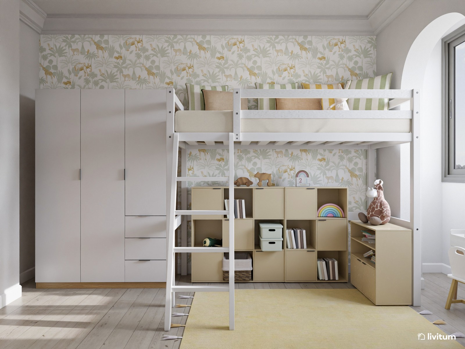 Dormitorio infantil con cama en altura y gran capacidad de almacenamiento