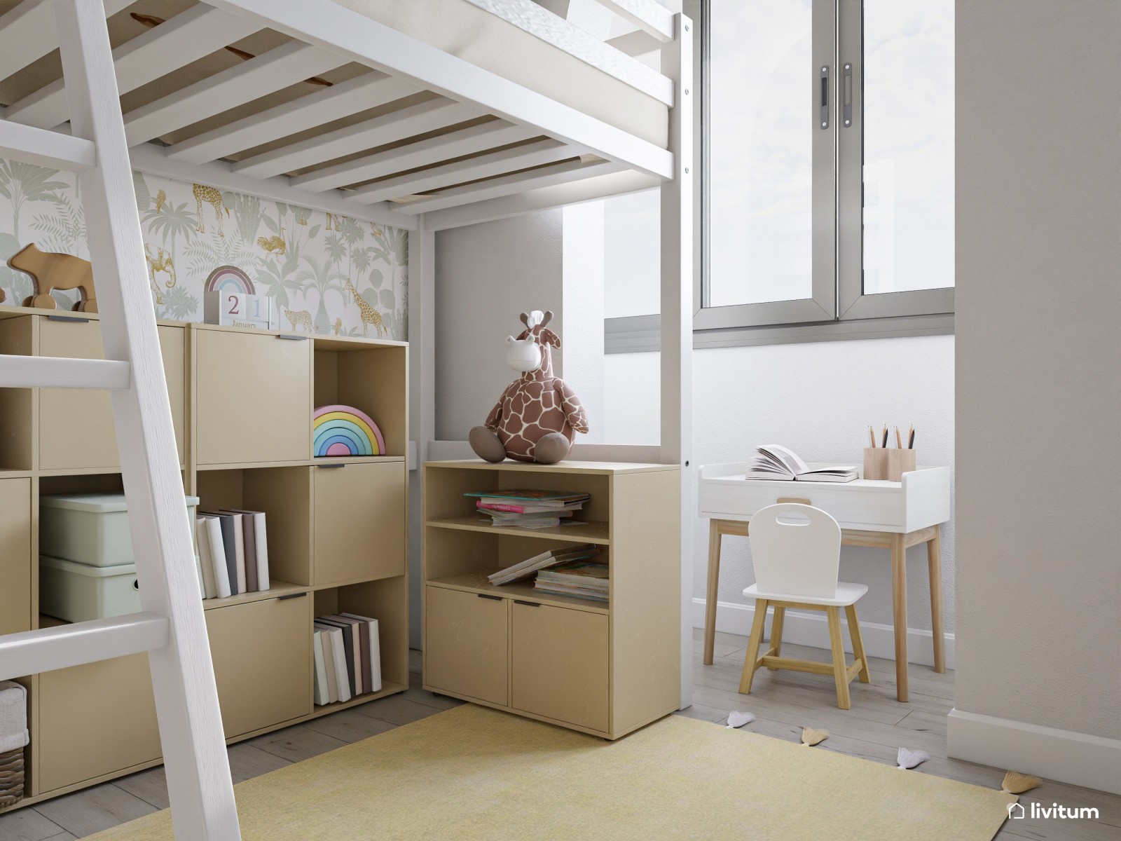 Dormitorio infantil con cama en altura y gran capacidad de almacenamiento