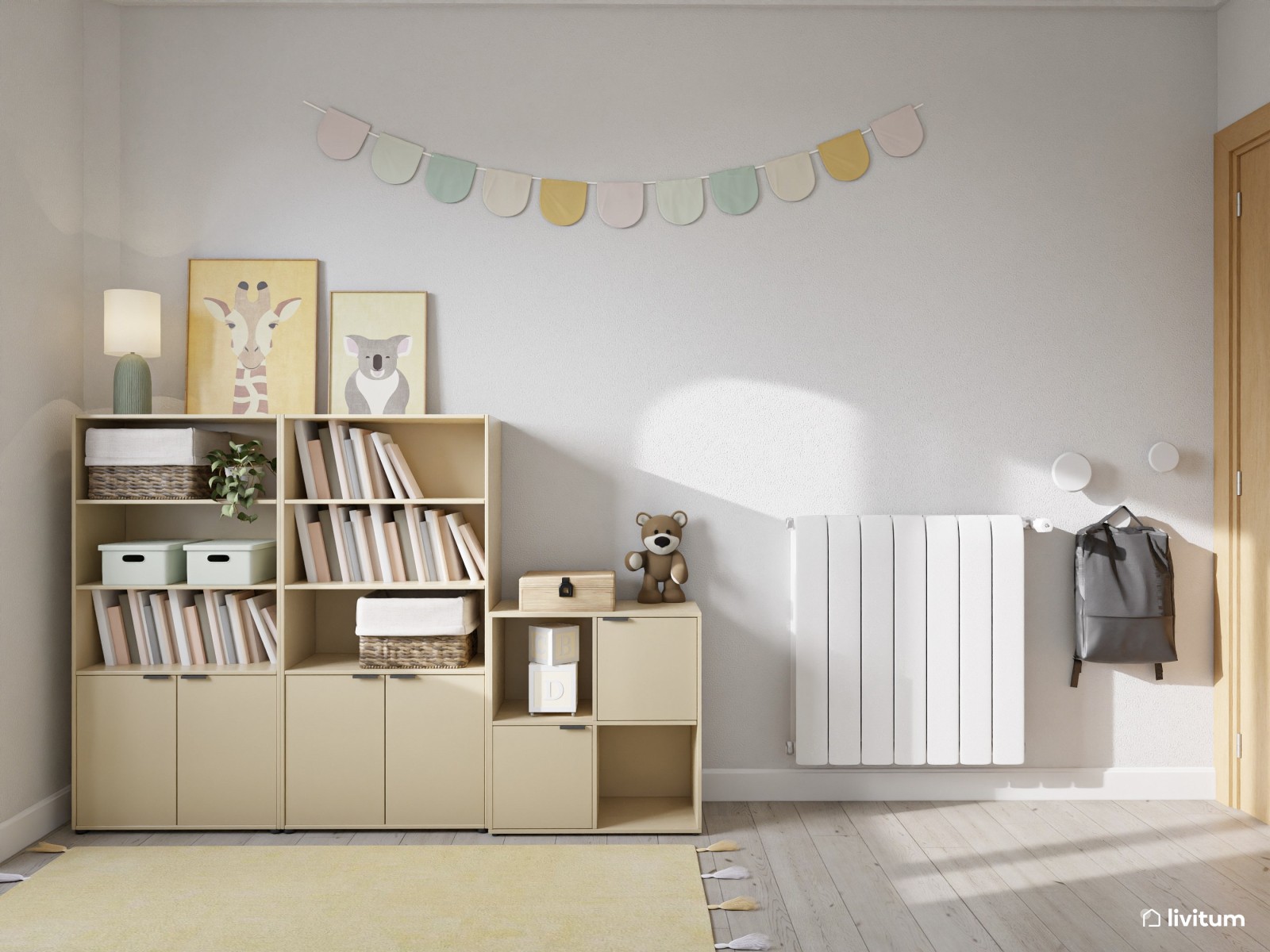 Dormitorio infantil con cama en altura y gran capacidad de almacenamiento
