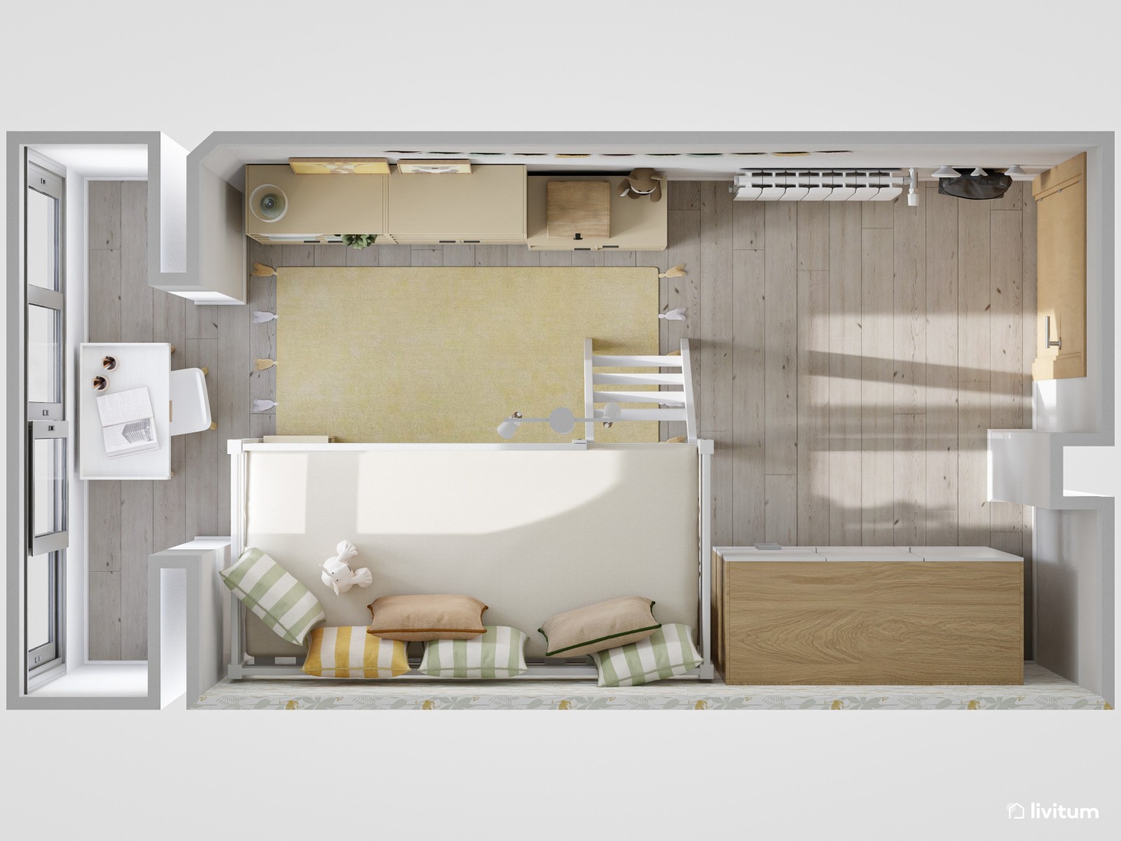 Dormitorio infantil con cama en altura y gran capacidad de almacenamiento