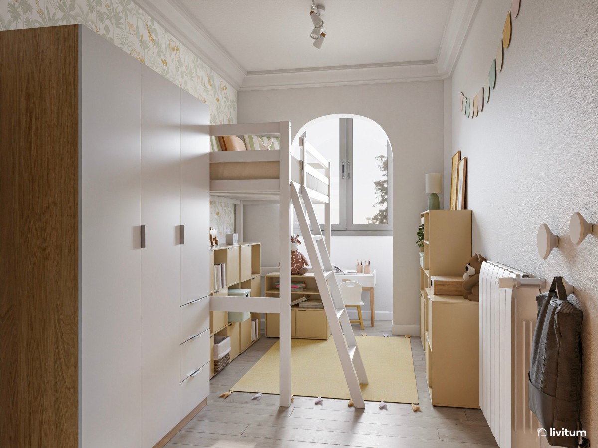 Dormitorio infantil con cama en altura y gran capacidad de almacenamiento