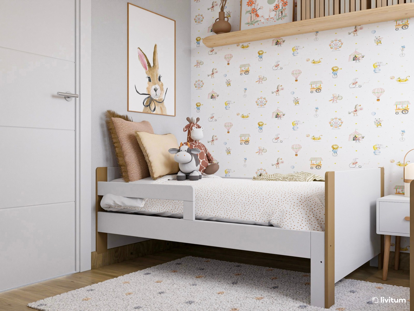 Dormitorio infantil con dos camas y mucho almacenaje