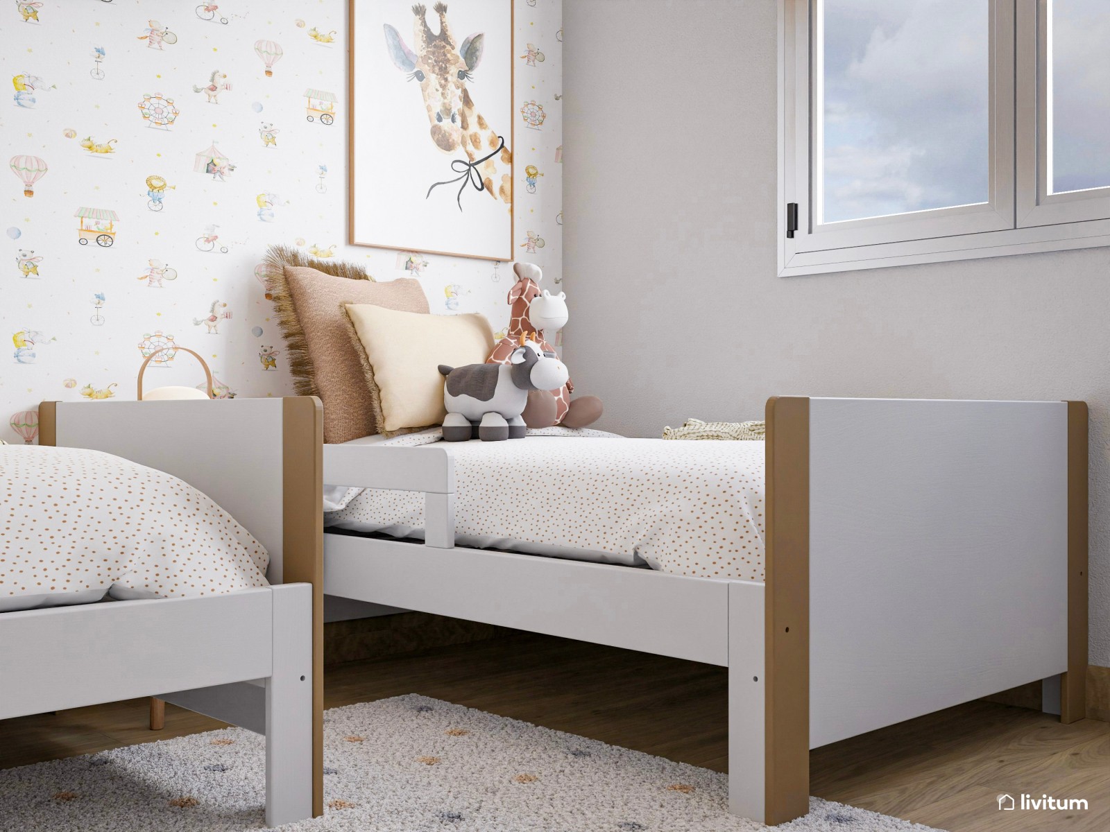 Dormitorio infantil con dos camas y mucho almacenaje