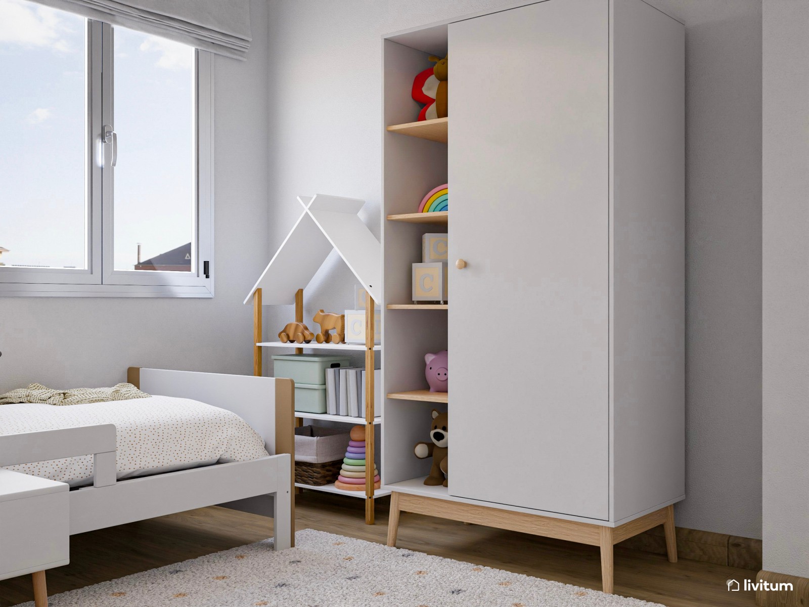 Dormitorio infantil con dos camas y mucho almacenaje