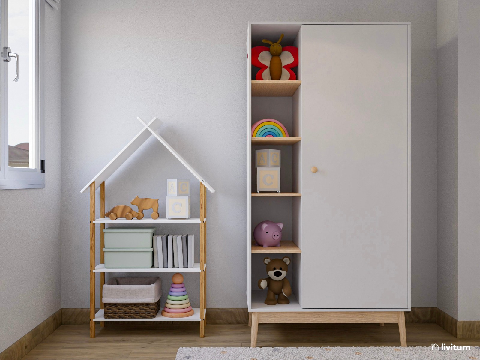 Dormitorio infantil con dos camas y mucho almacenaje