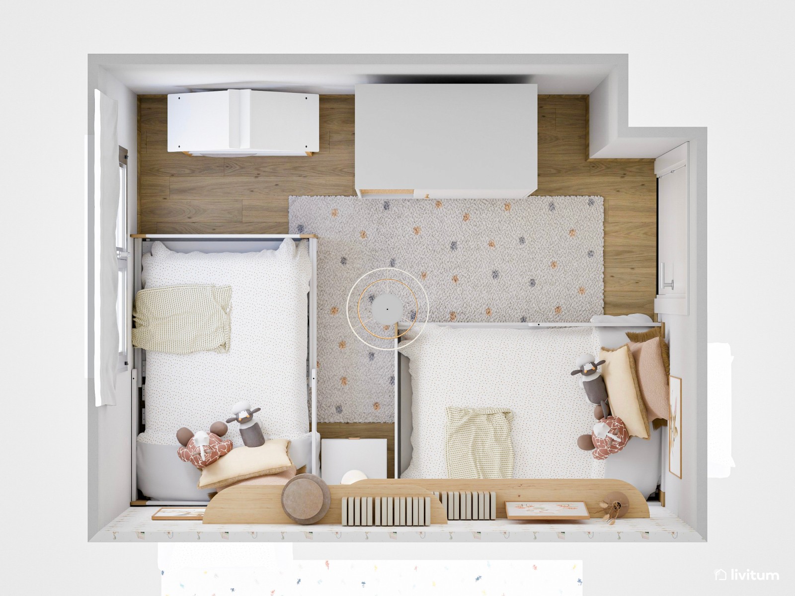 Dormitorio infantil con dos camas y mucho almacenaje