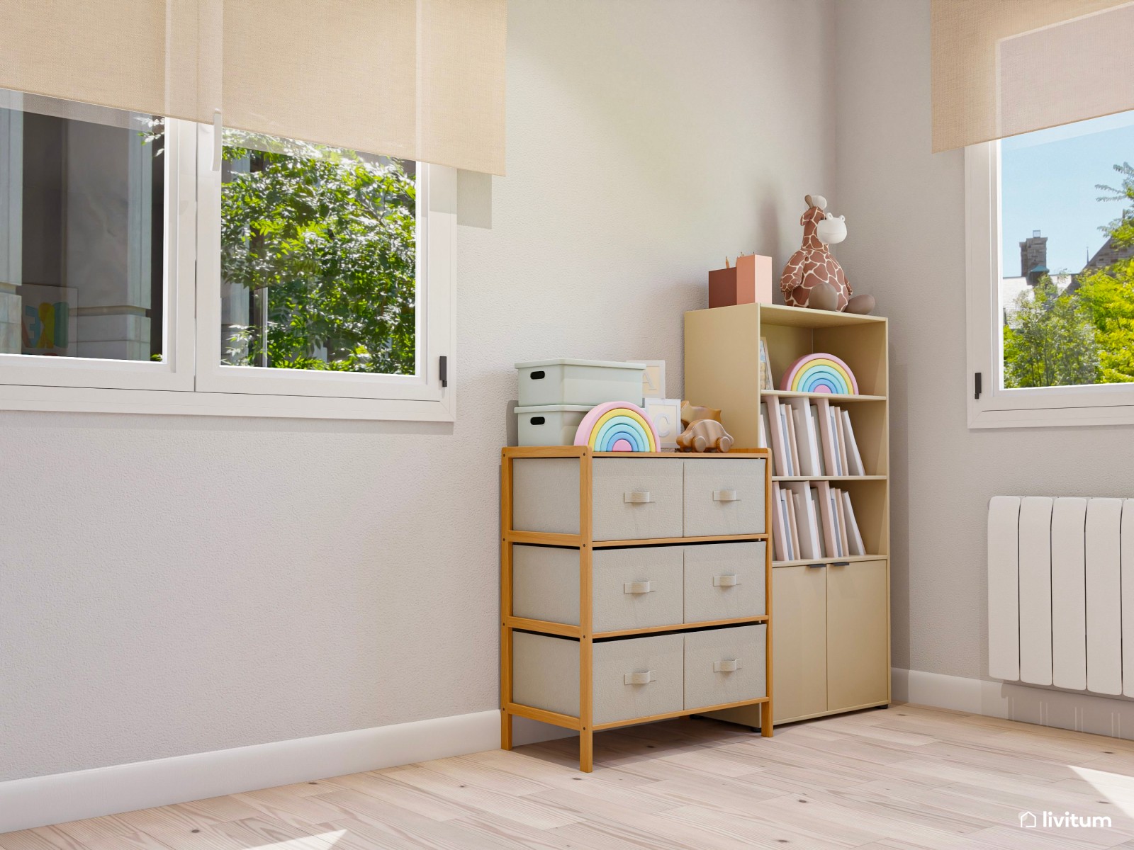Dormitorio infantil con litera en forma de casita y acentos en rosa palo