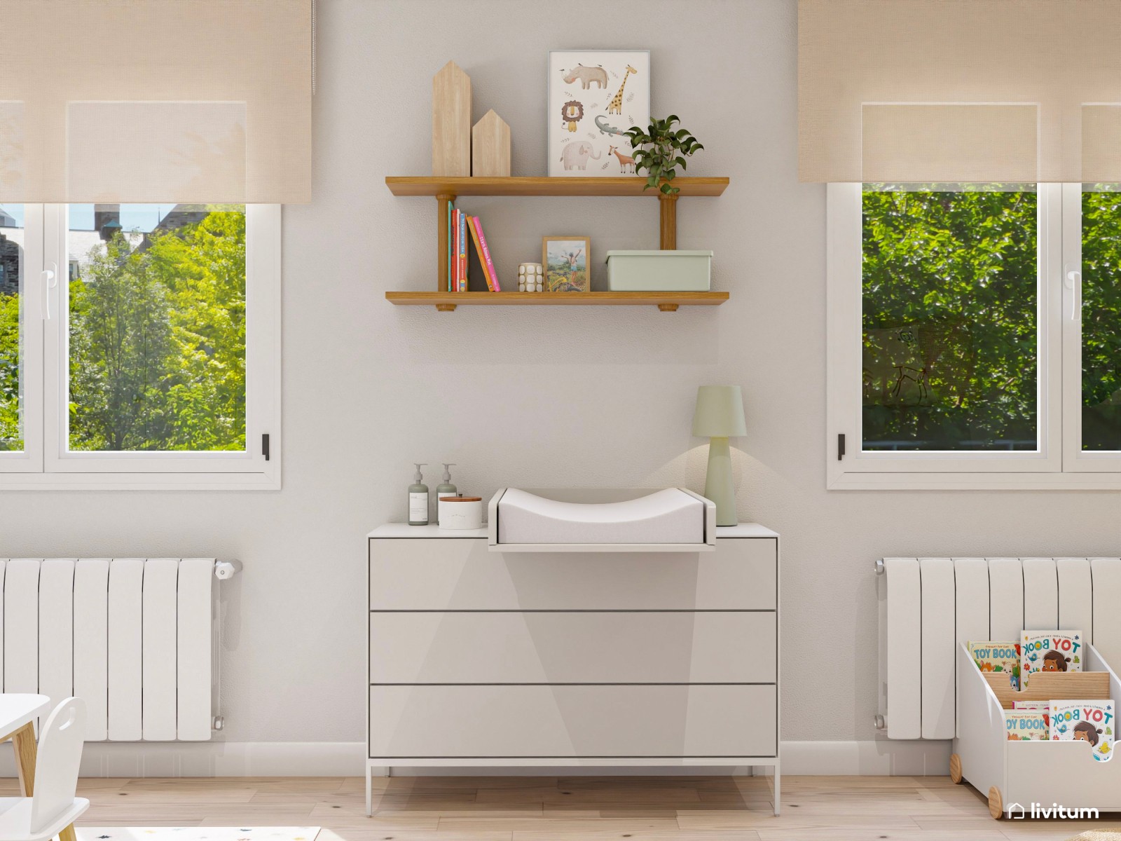 Dormitorio infantil con litera en forma de casita y acentos en rosa palo