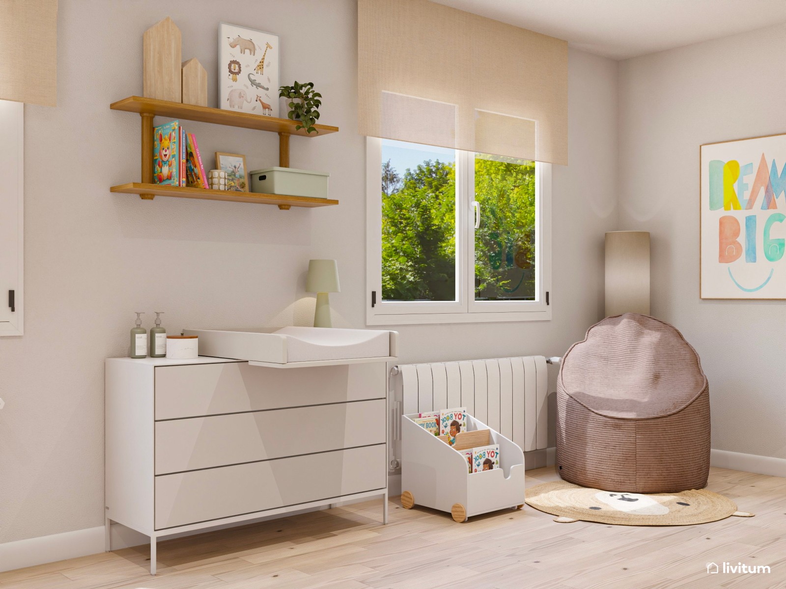 Dormitorio infantil con litera en forma de casita y acentos en rosa palo