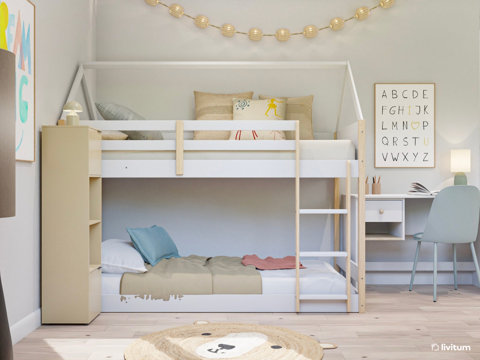 Dormitorio infantil con litera en forma de casita y acentos en rosa palo