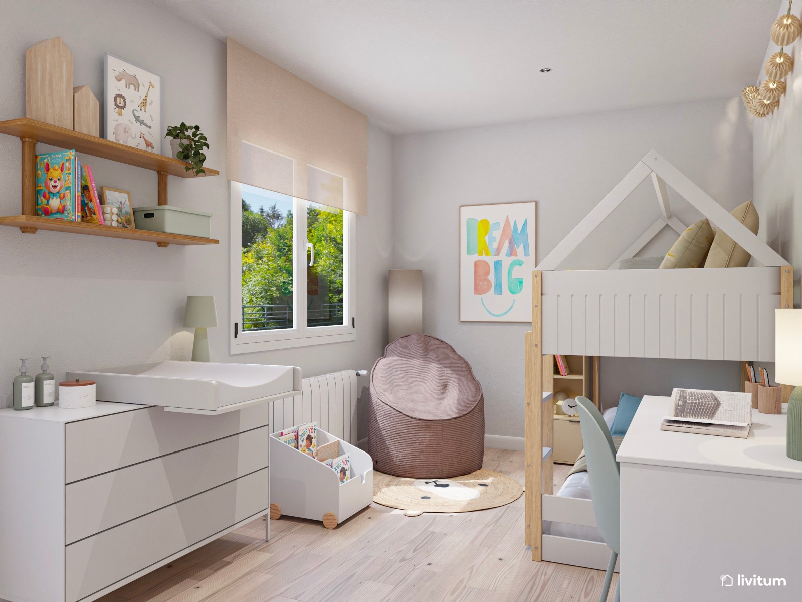 Dormitorio infantil con litera en forma de casita y acentos en rosa palo