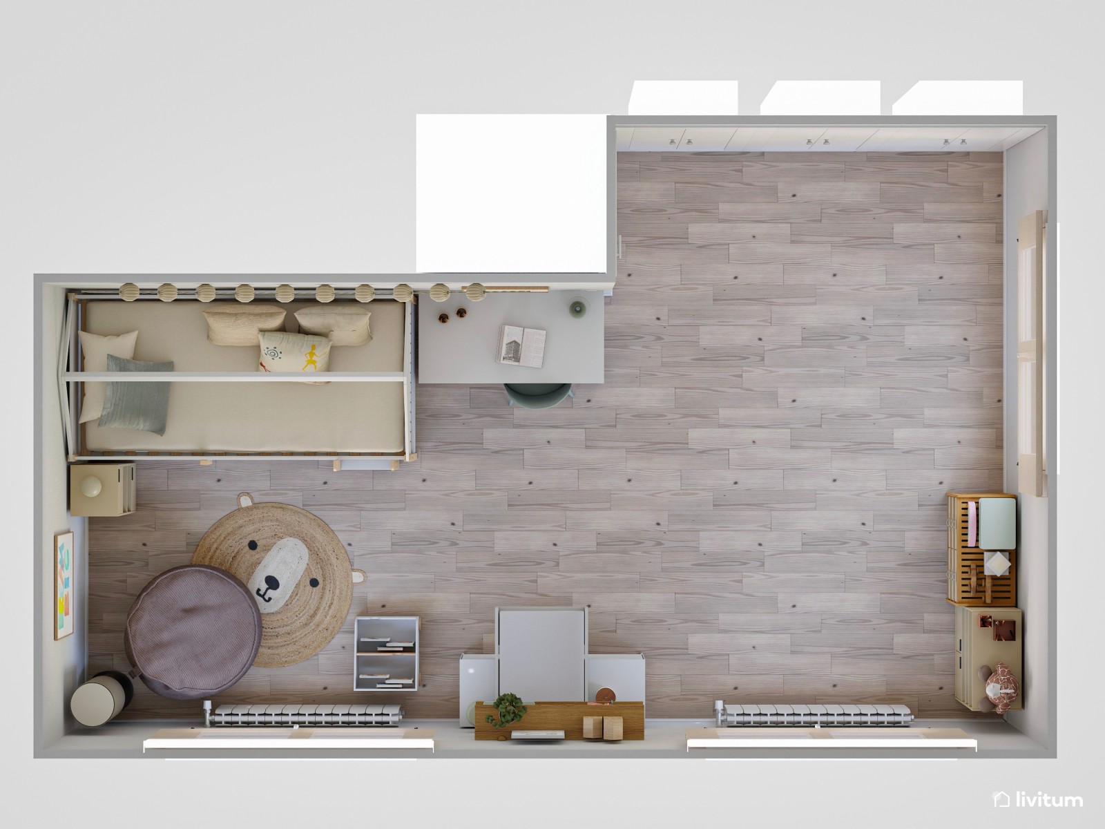 Dormitorio infantil con litera en forma de casita y acentos en rosa palo