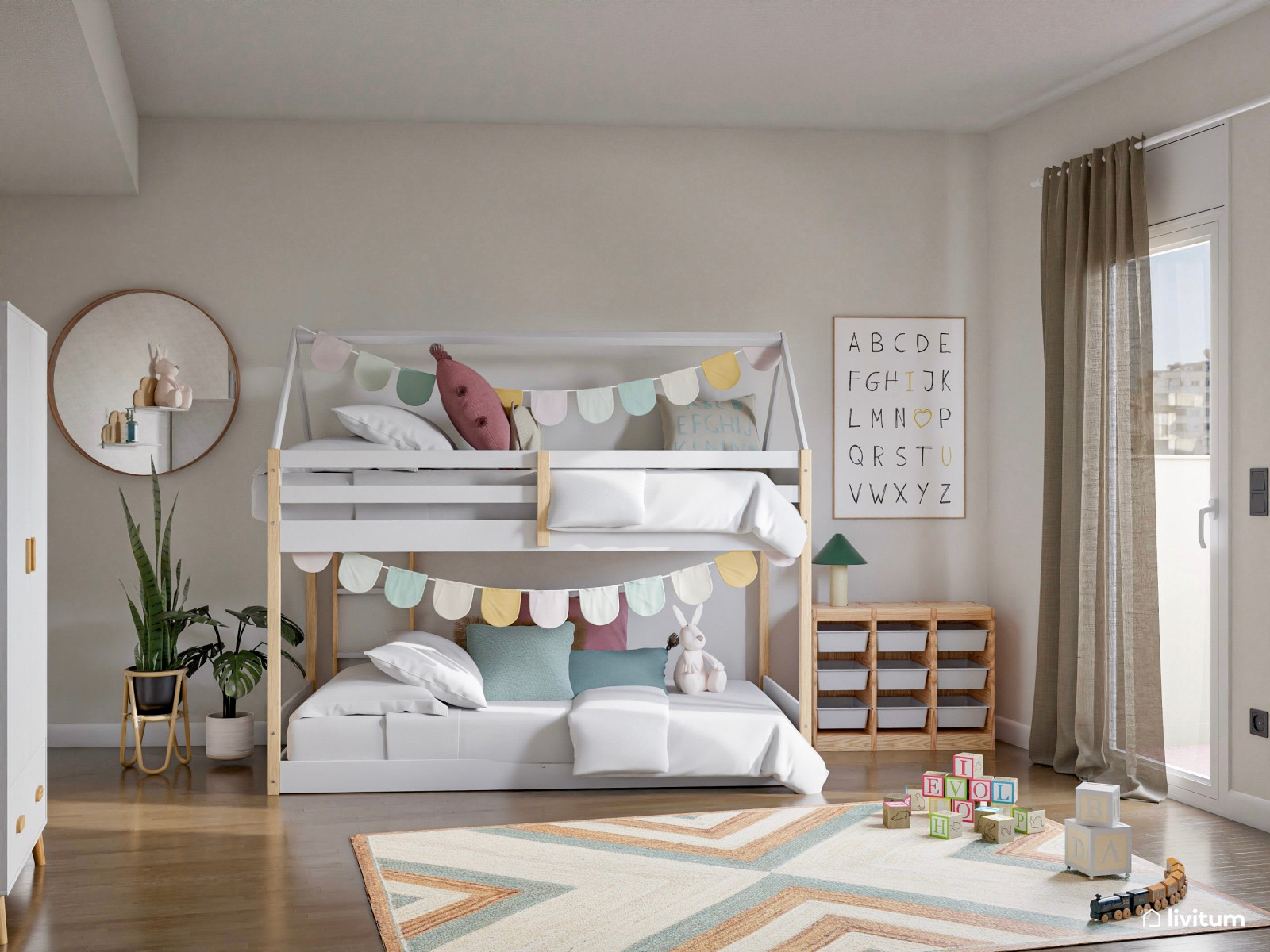 Dormitorio infantil con litera y luminosa zona de juegos