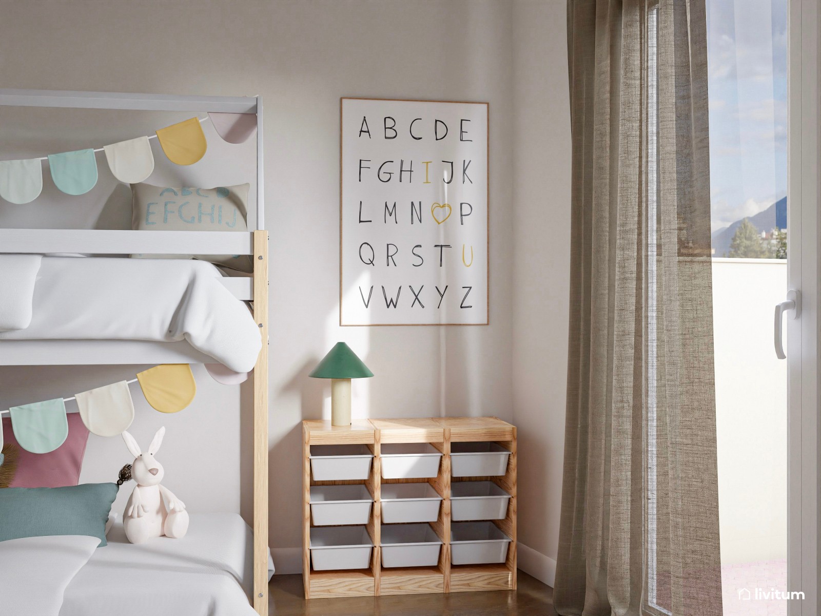 Dormitorio infantil con litera y luminosa zona de juegos