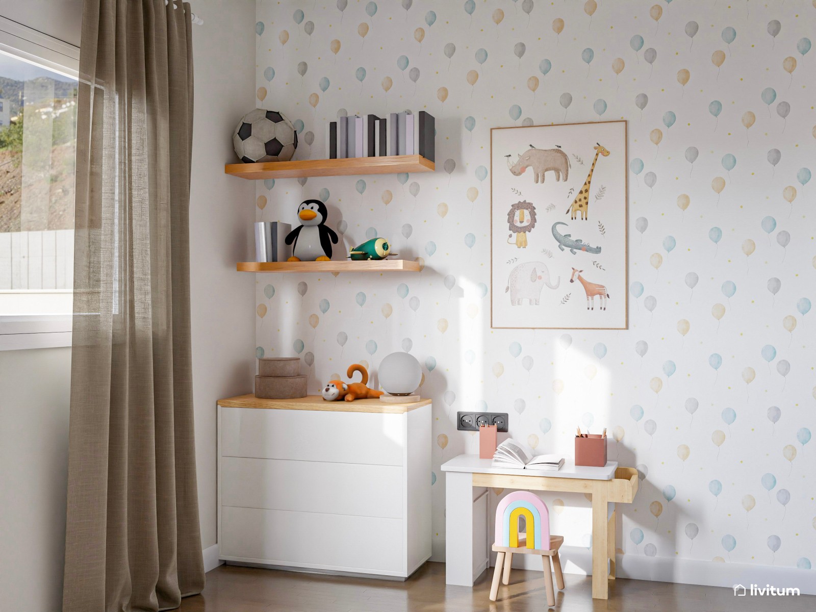 Dormitorio infantil con litera y luminosa zona de juegos