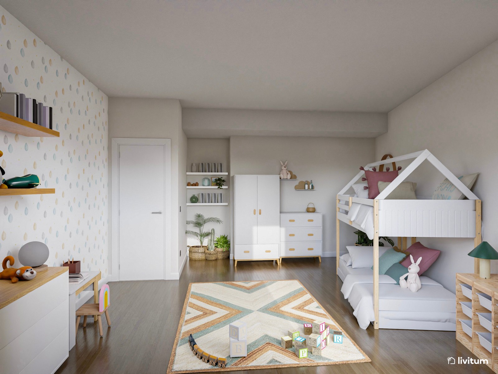 Dormitorio infantil con litera y luminosa zona de juegos
