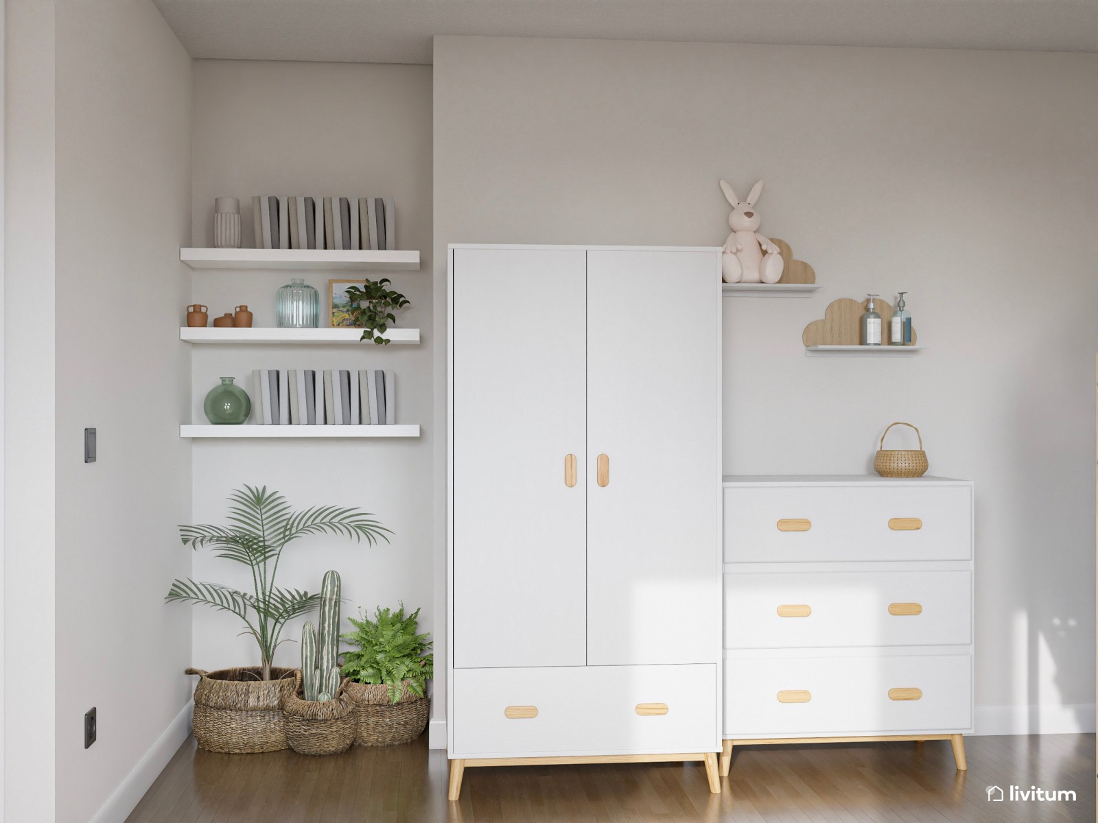 Dormitorio infantil con litera y luminosa zona de juegos