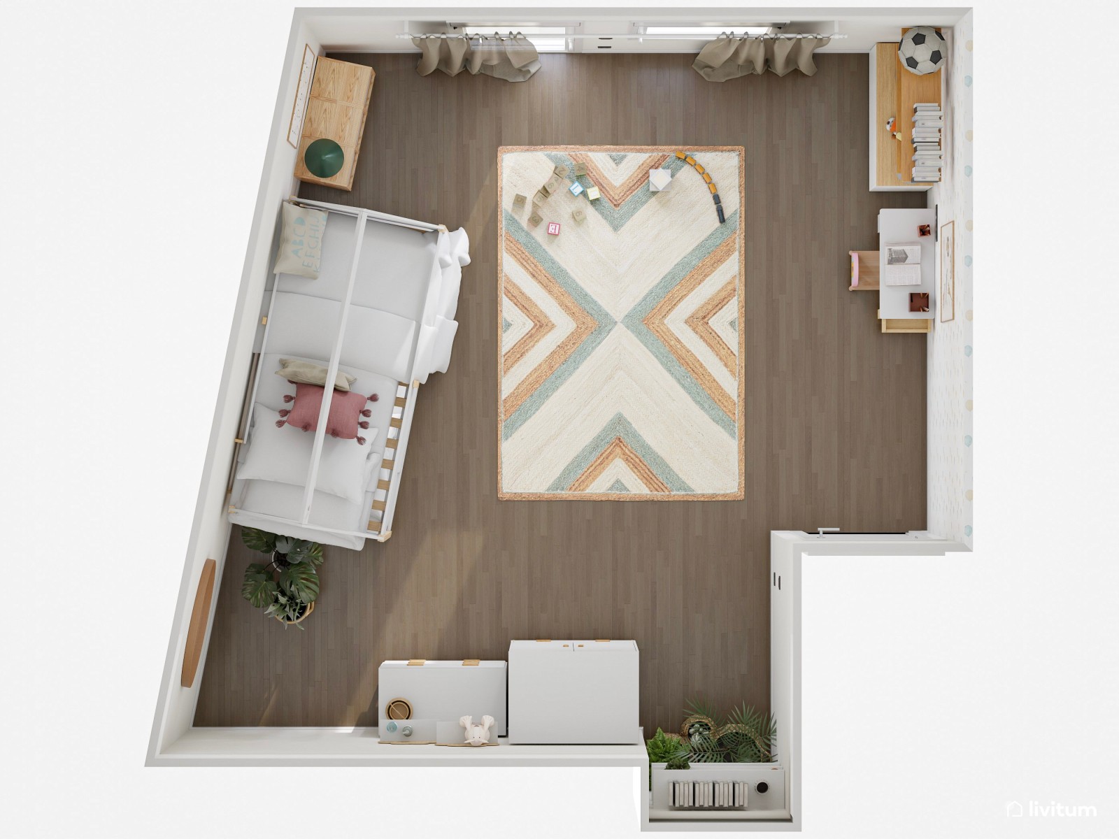 Dormitorio infantil con litera y luminosa zona de juegos