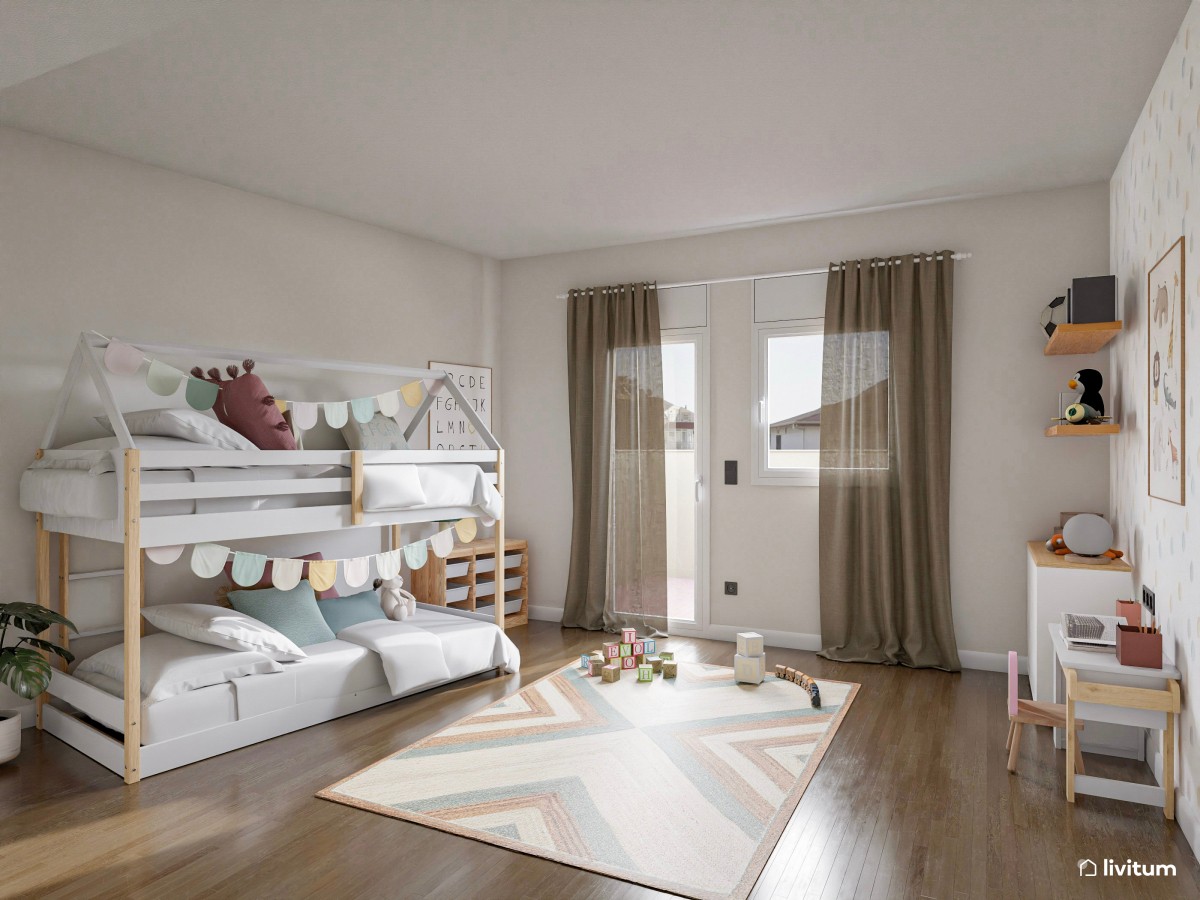 Dormitorio infantil con litera y luminosa zona de juegos