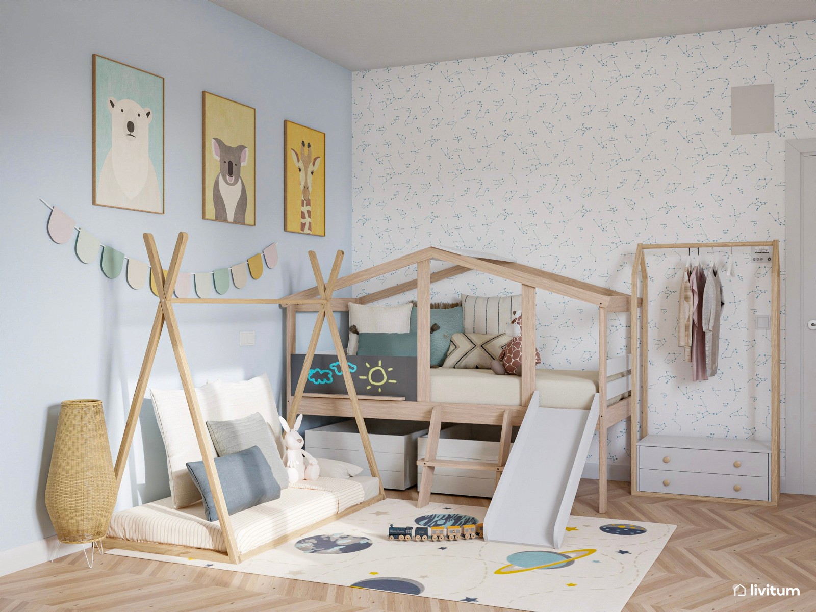 Dormitorio infantil con mucho almacenaje y zona de juegos