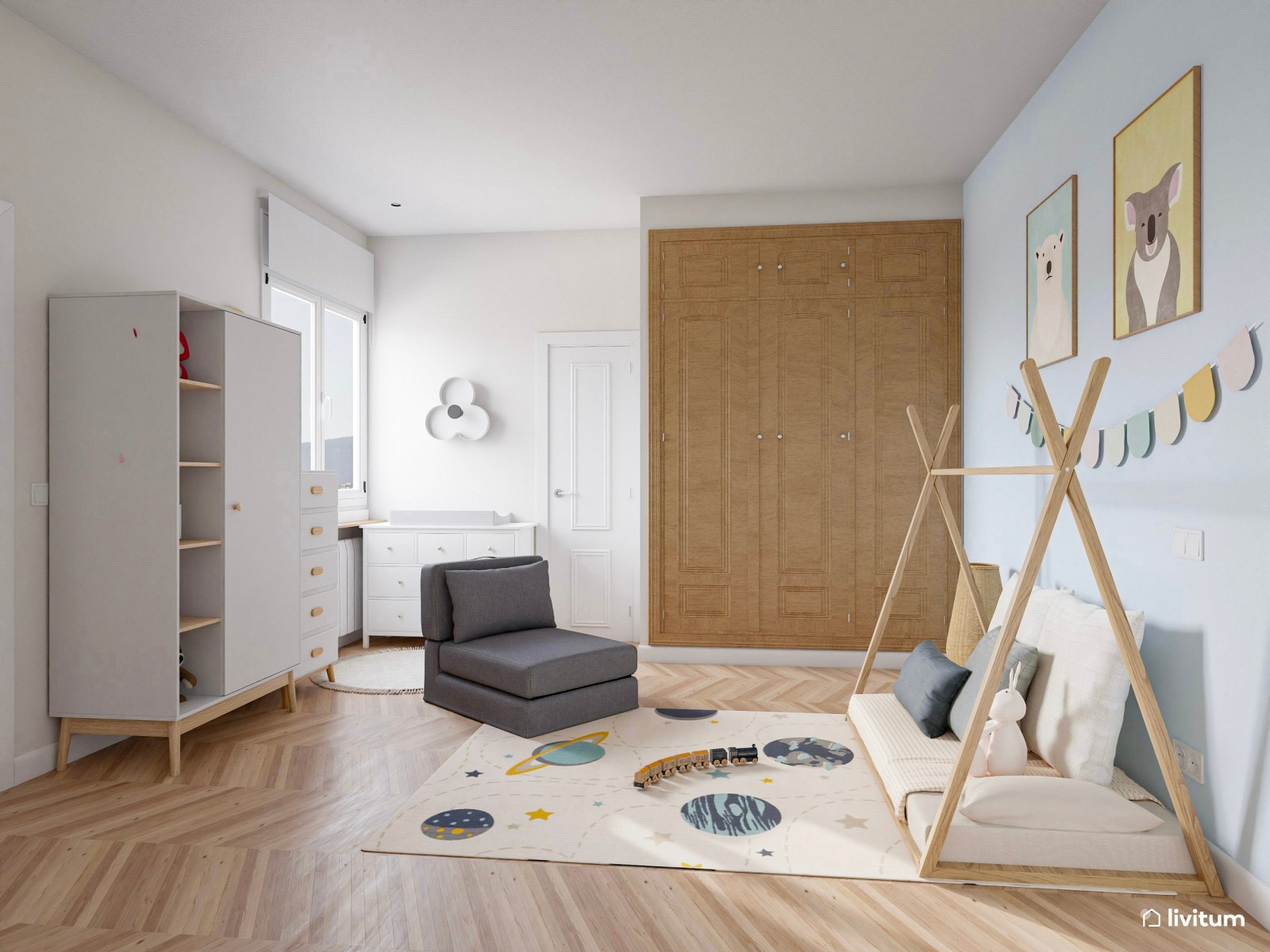 Dormitorio infantil con mucho almacenaje y zona de juegos