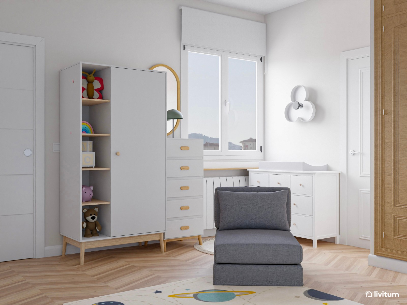 Dormitorio infantil con mucho almacenaje y zona de juegos