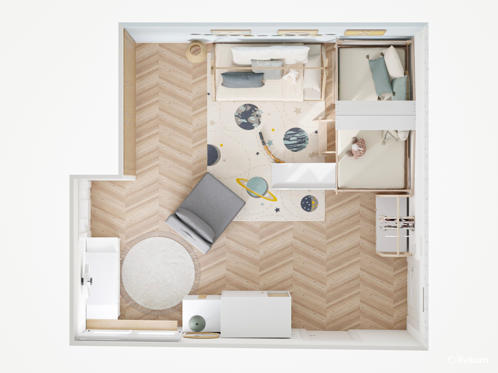 Dormitorio infantil con mucho almacenaje y zona de juegos
