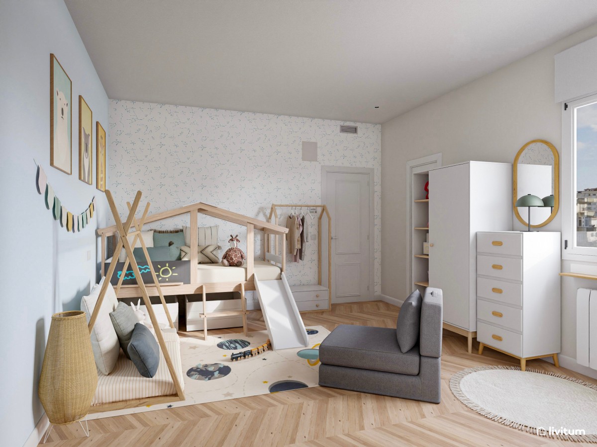 Dormitorio infantil con mucho almacenaje y zona de juegos