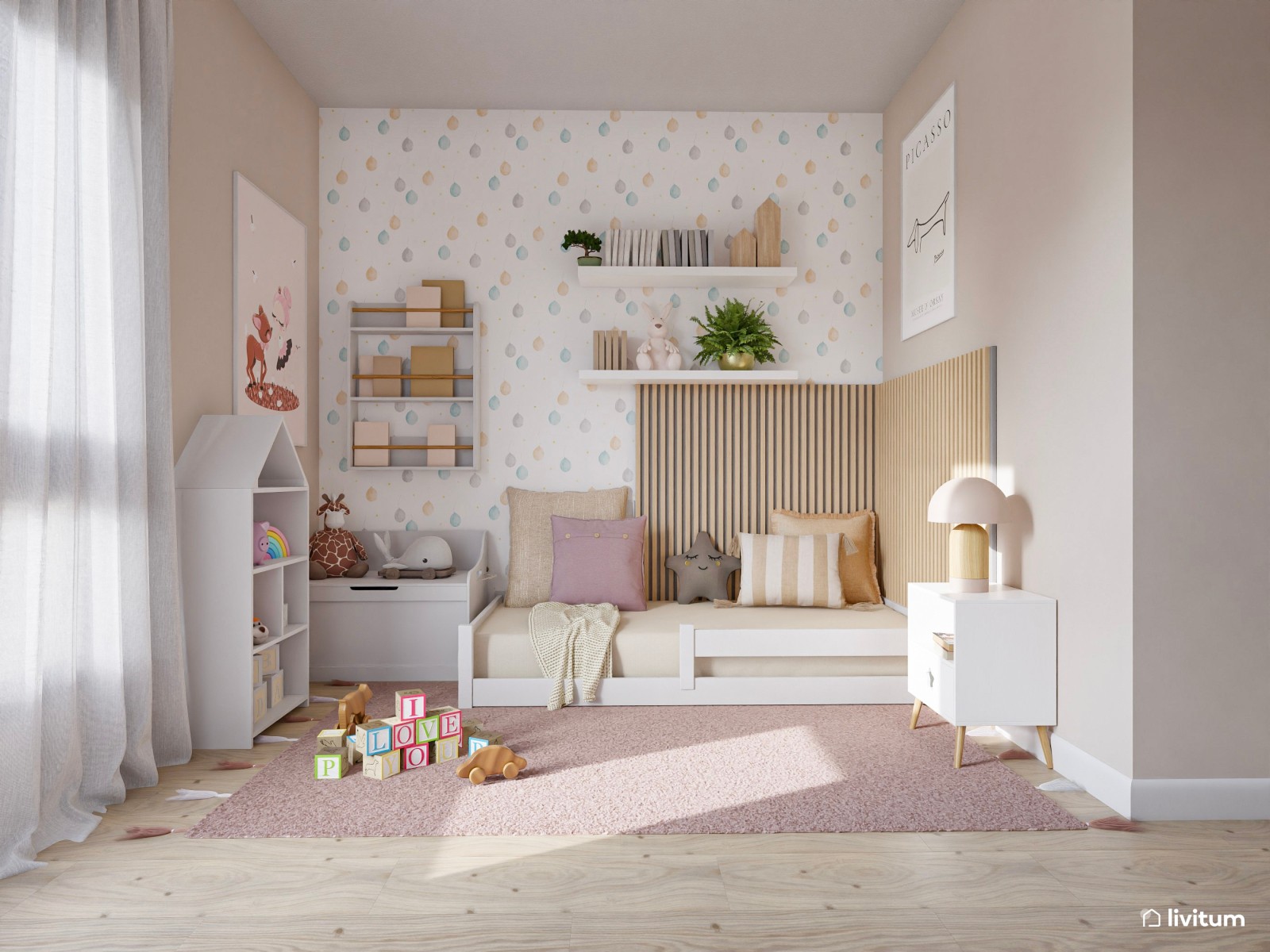 Dormitorio infantil con paneles acústicos decorado en tonos rosa