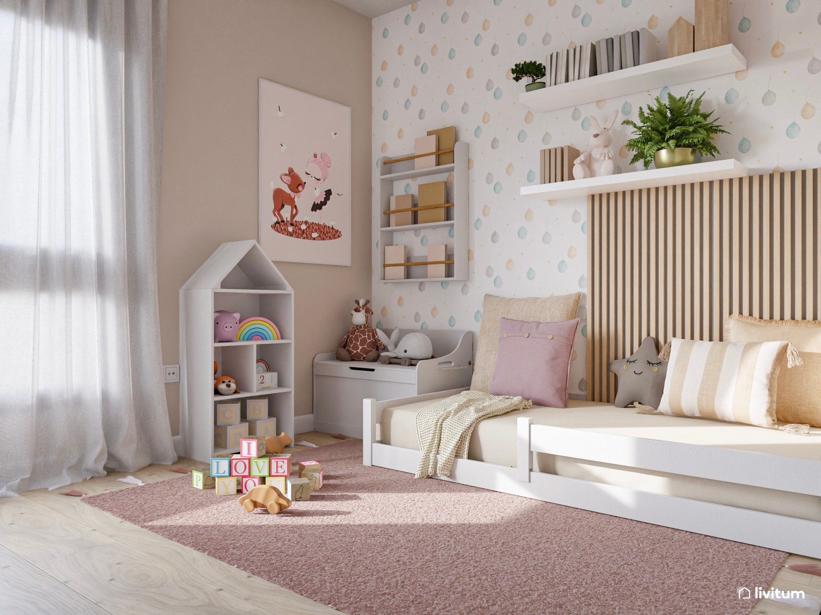 Dormitorio infantil con paneles acústicos decorado en tonos rosa