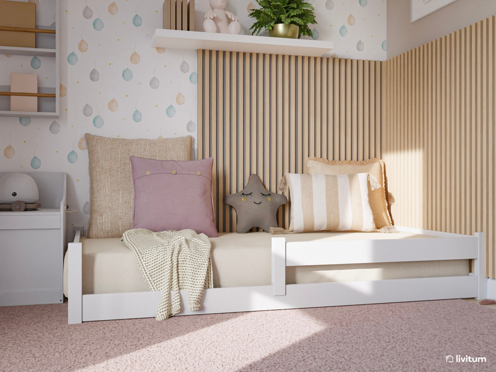 Dormitorio infantil con paneles acústicos decorado en tonos rosa