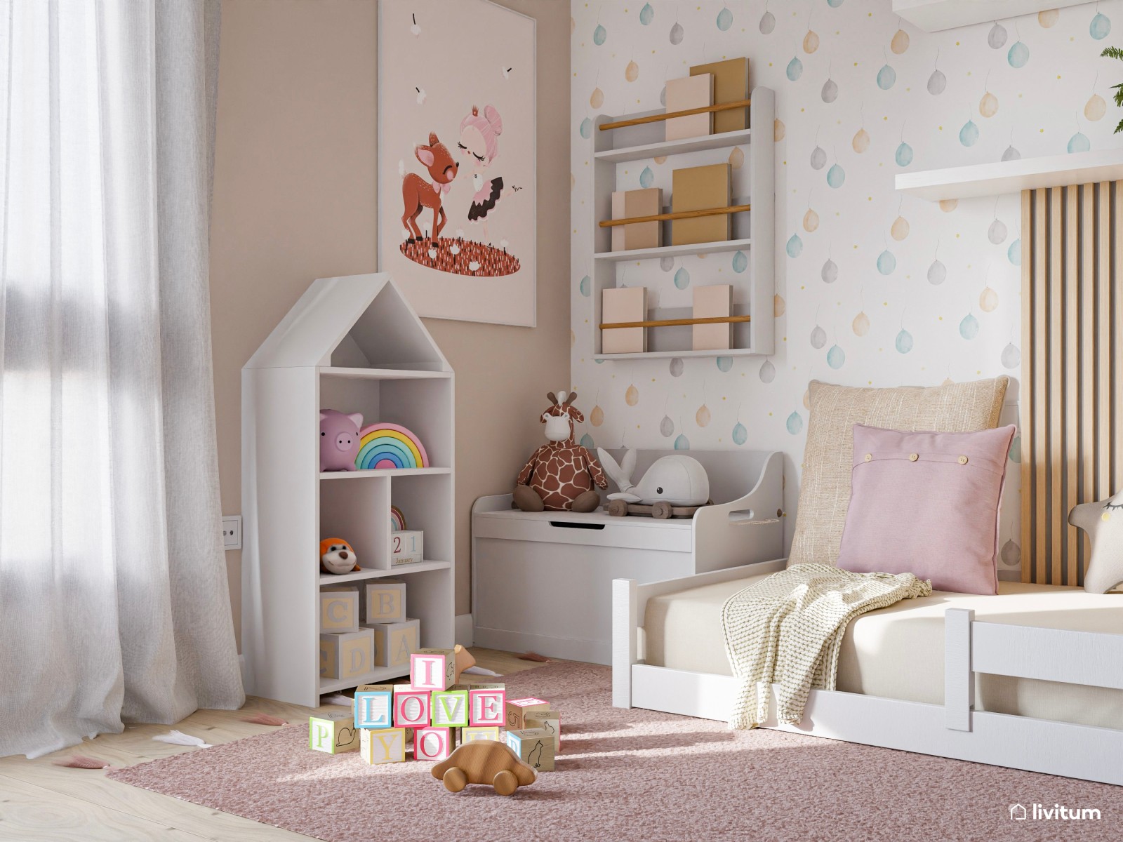 Dormitorio infantil con paneles acústicos decorado en tonos rosa