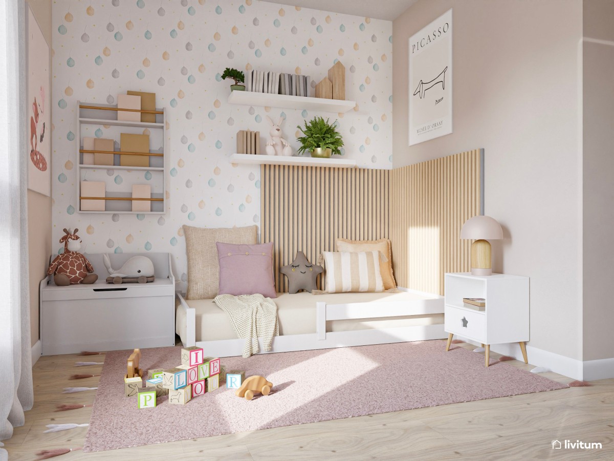 Dormitorio infantil con paneles acústicos decorado en tonos rosa