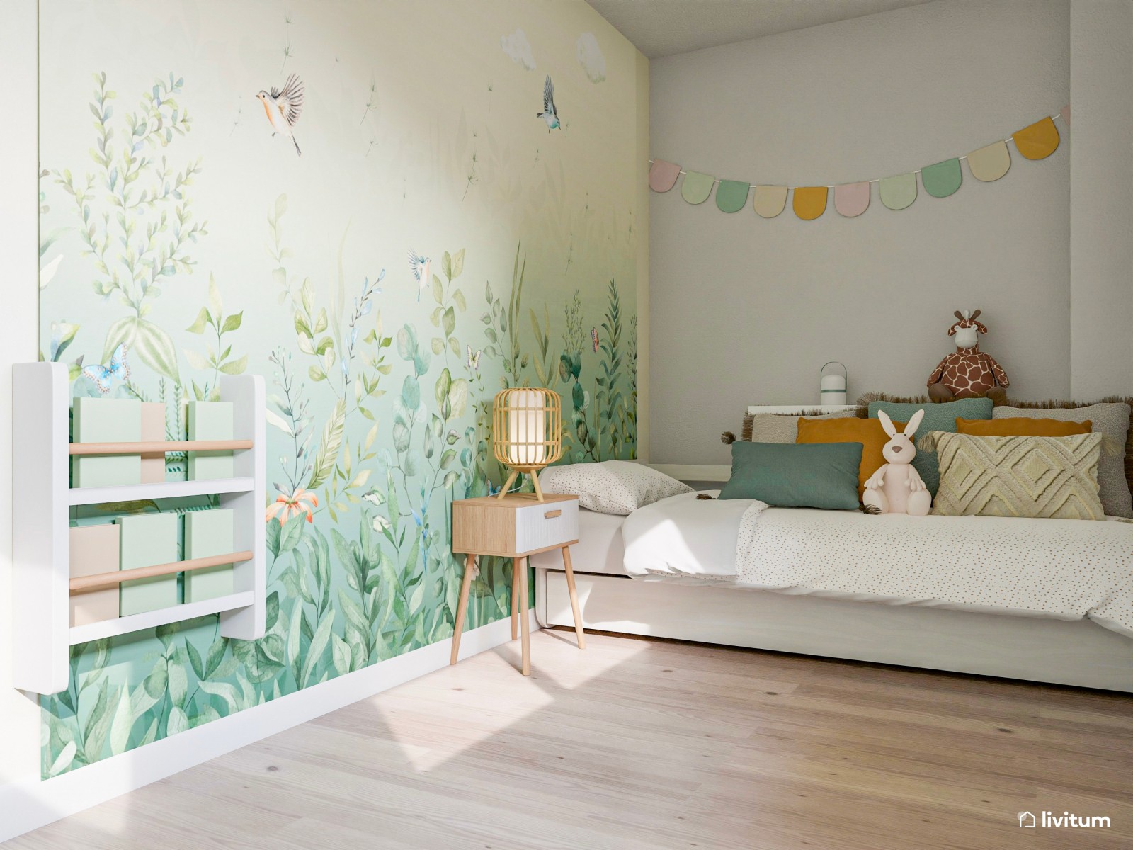 Dormitorio infantil con papel pintado con dibujos del bosque