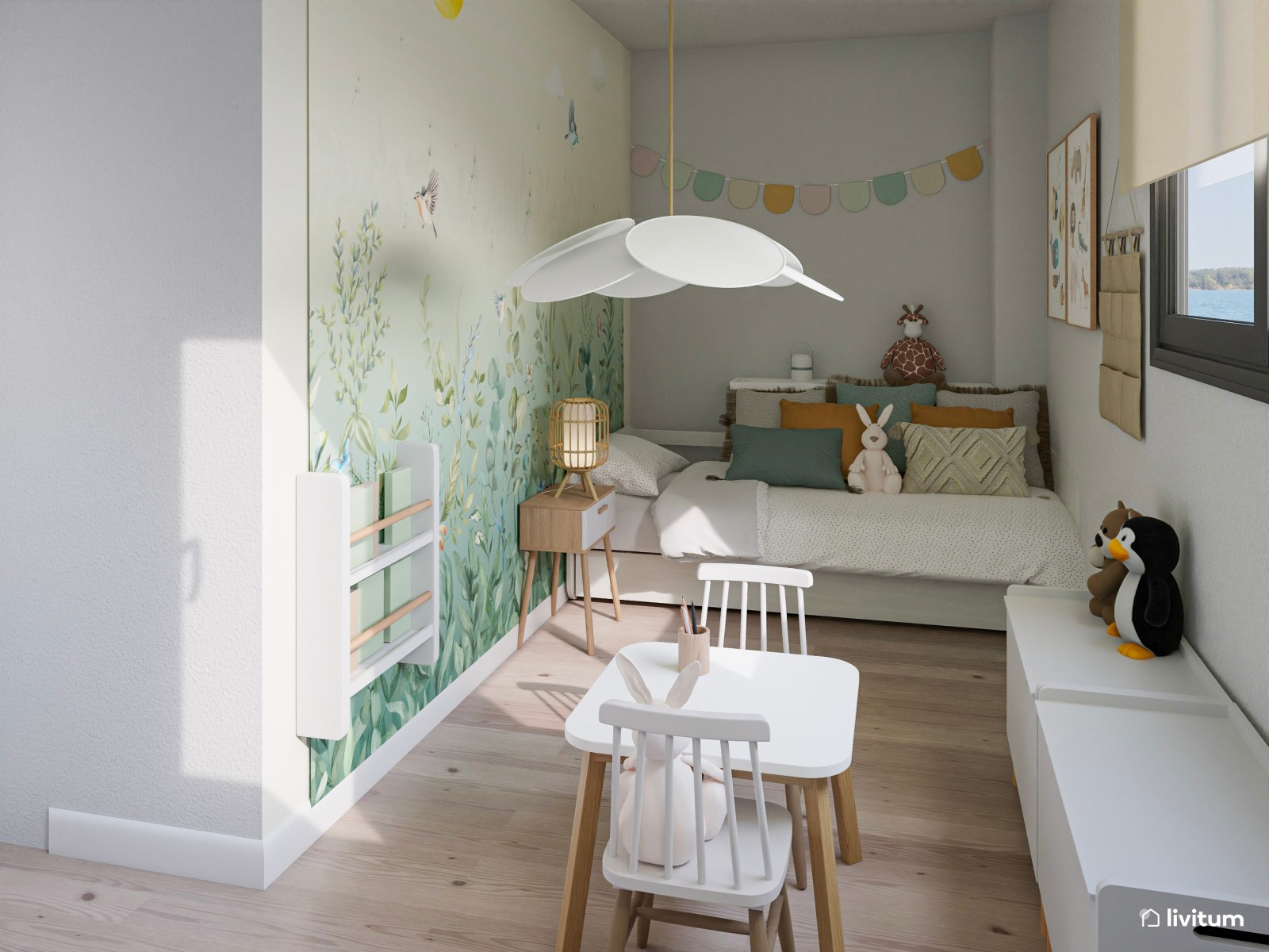 Dormitorio infantil con papel pintado con dibujos del bosque