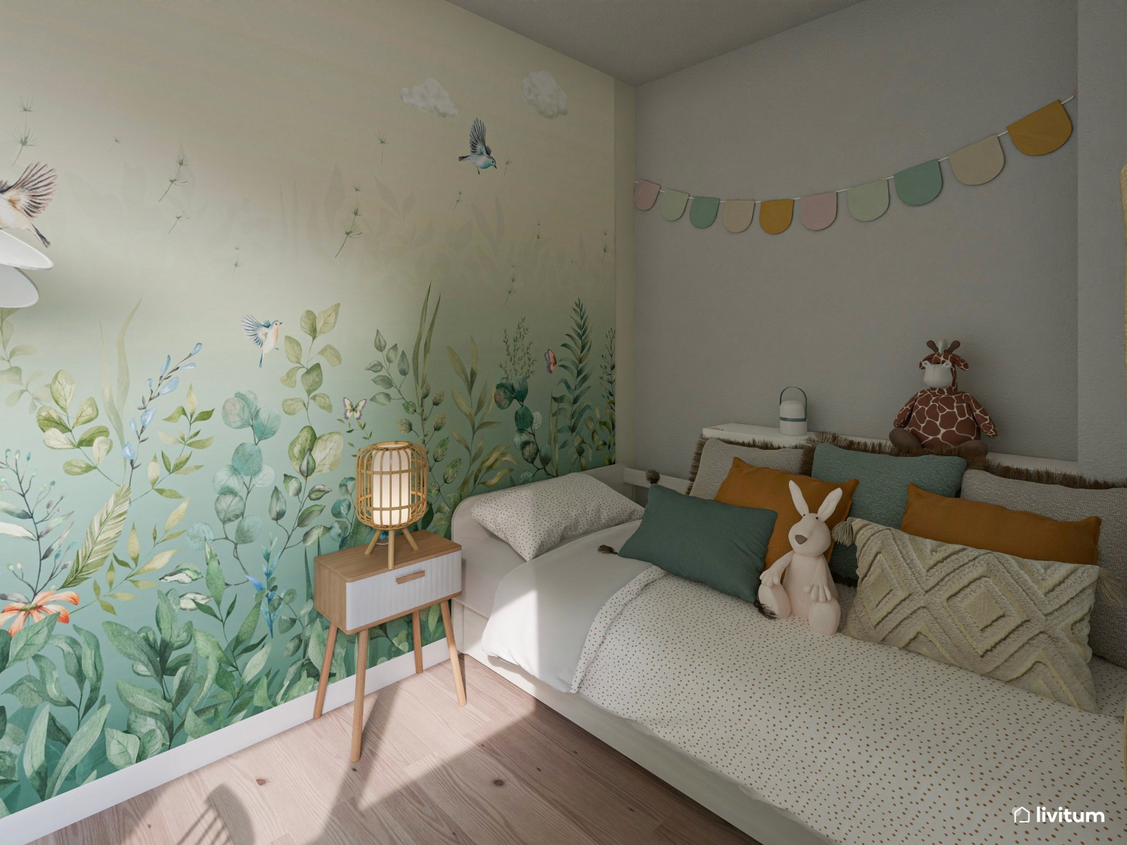 Dormitorio infantil con papel pintado con dibujos del bosque