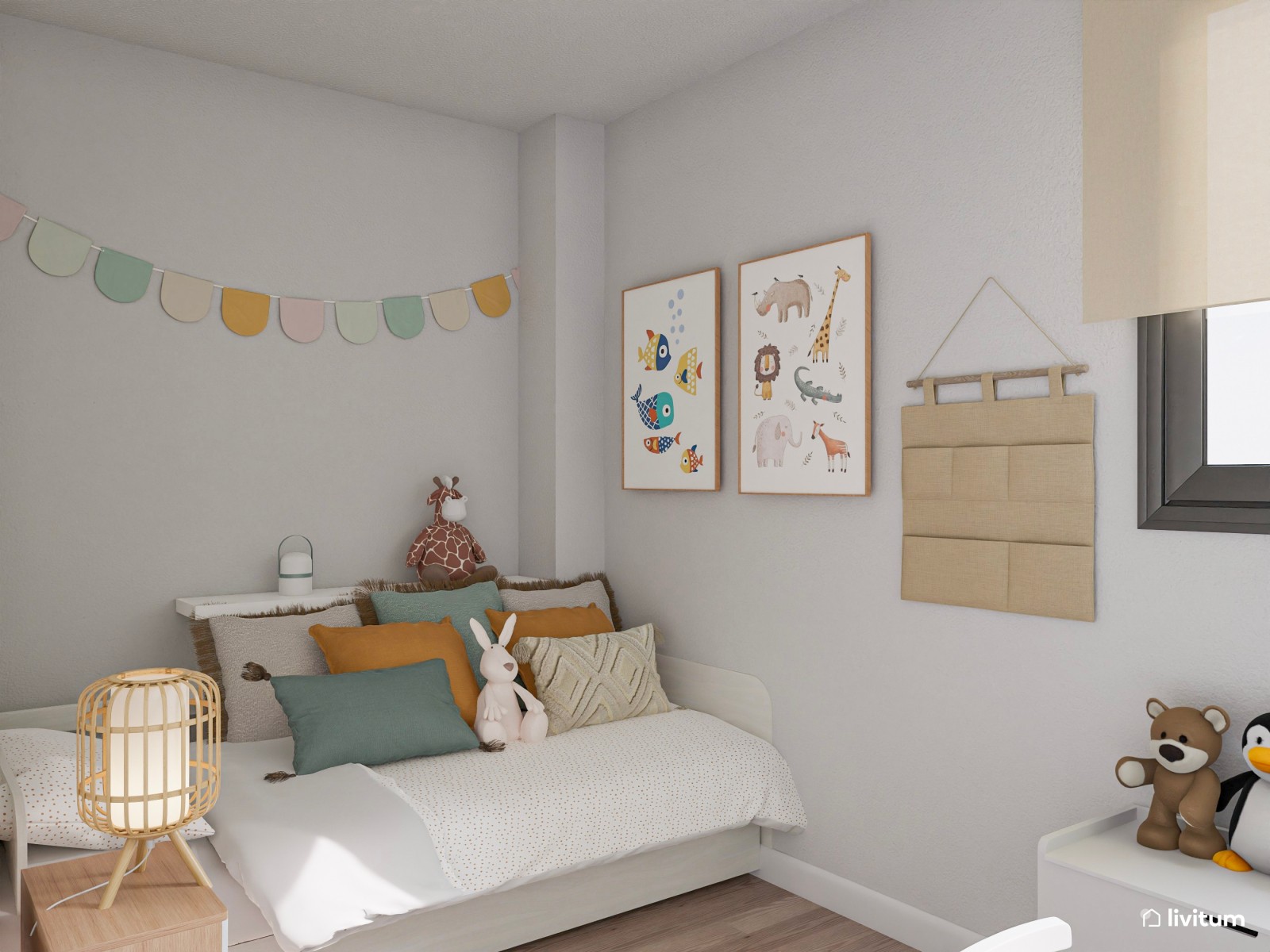 Dormitorio infantil con papel pintado con dibujos del bosque