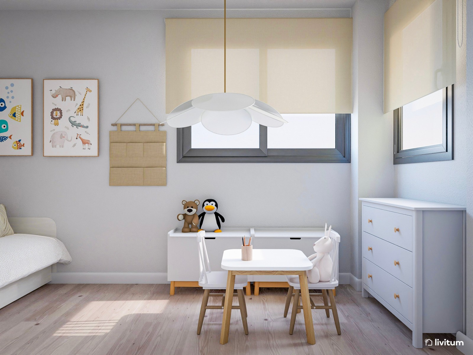 Dormitorio infantil con papel pintado con dibujos del bosque
