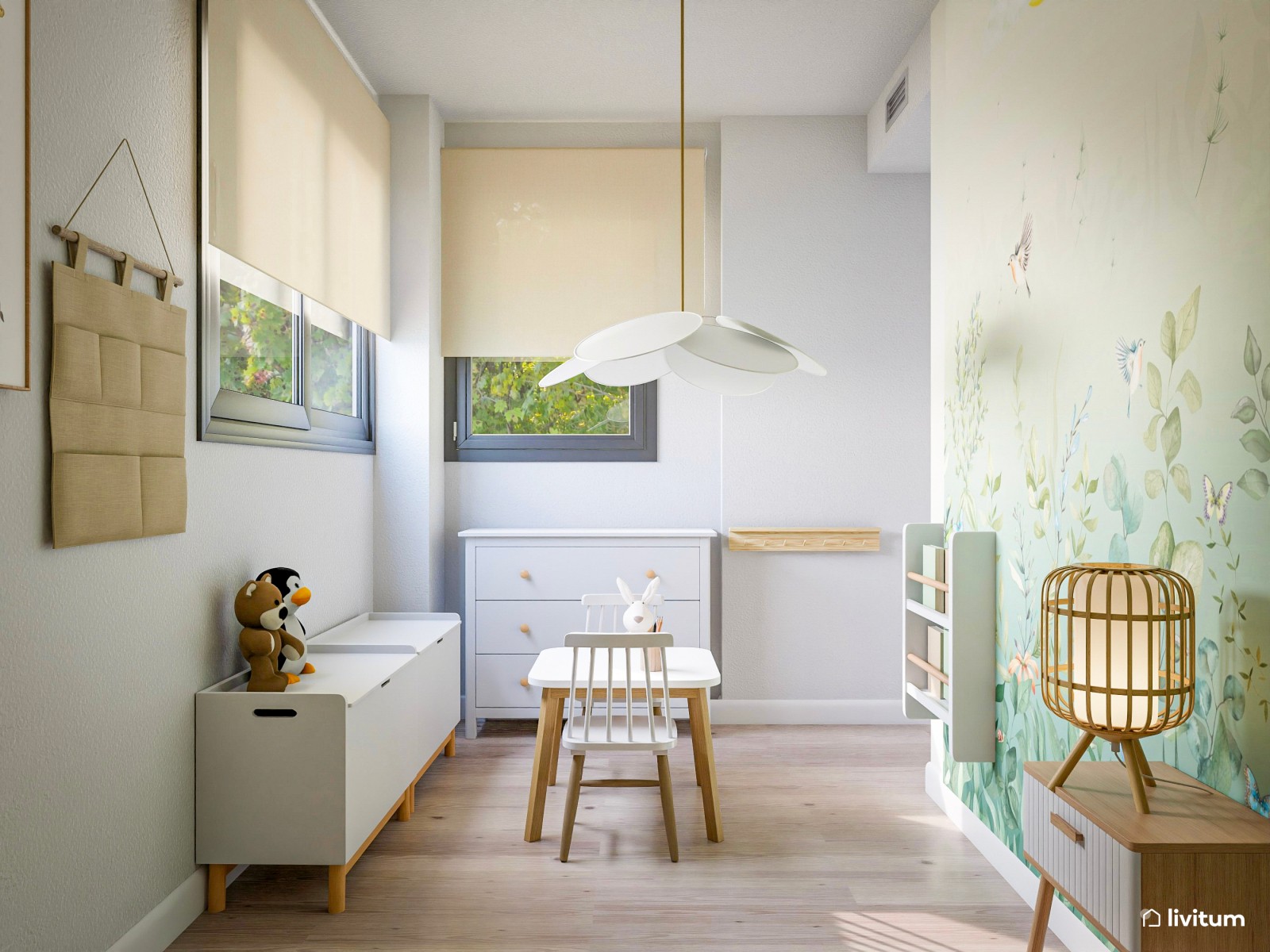 Dormitorio infantil con papel pintado con dibujos del bosque