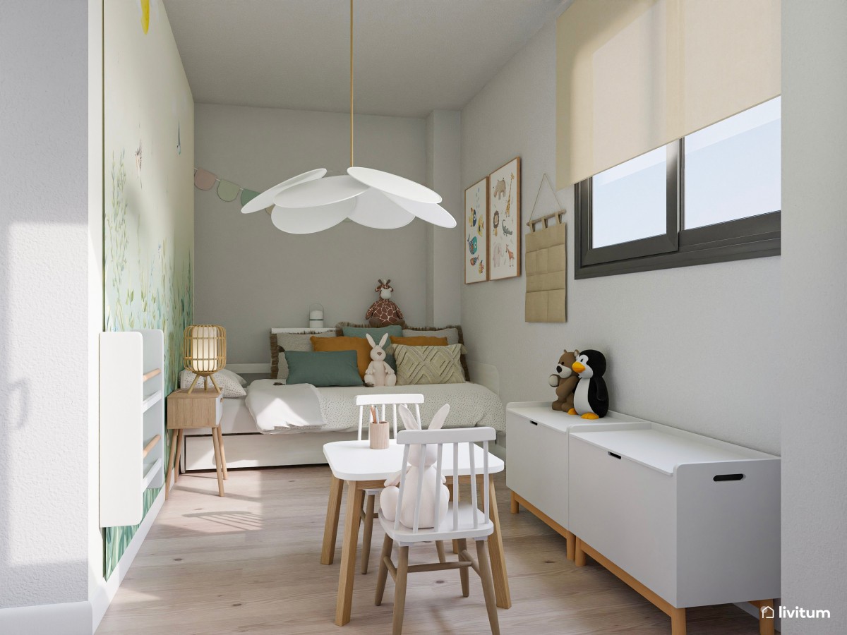 Dormitorio infantil con papel pintado con dibujos del bosque