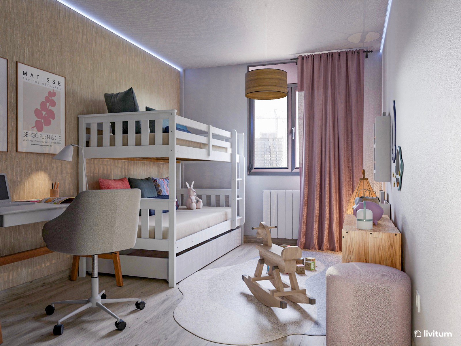 Dormitorio infantil funcional con litera y zona de estudio