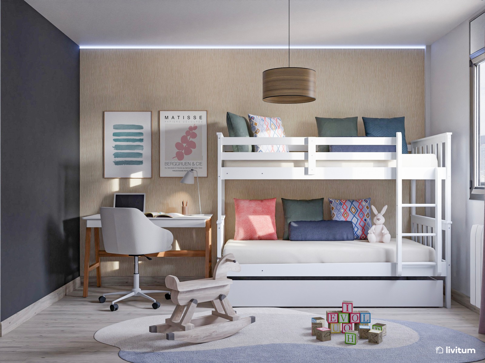 Dormitorio infantil funcional con litera y zona de estudio