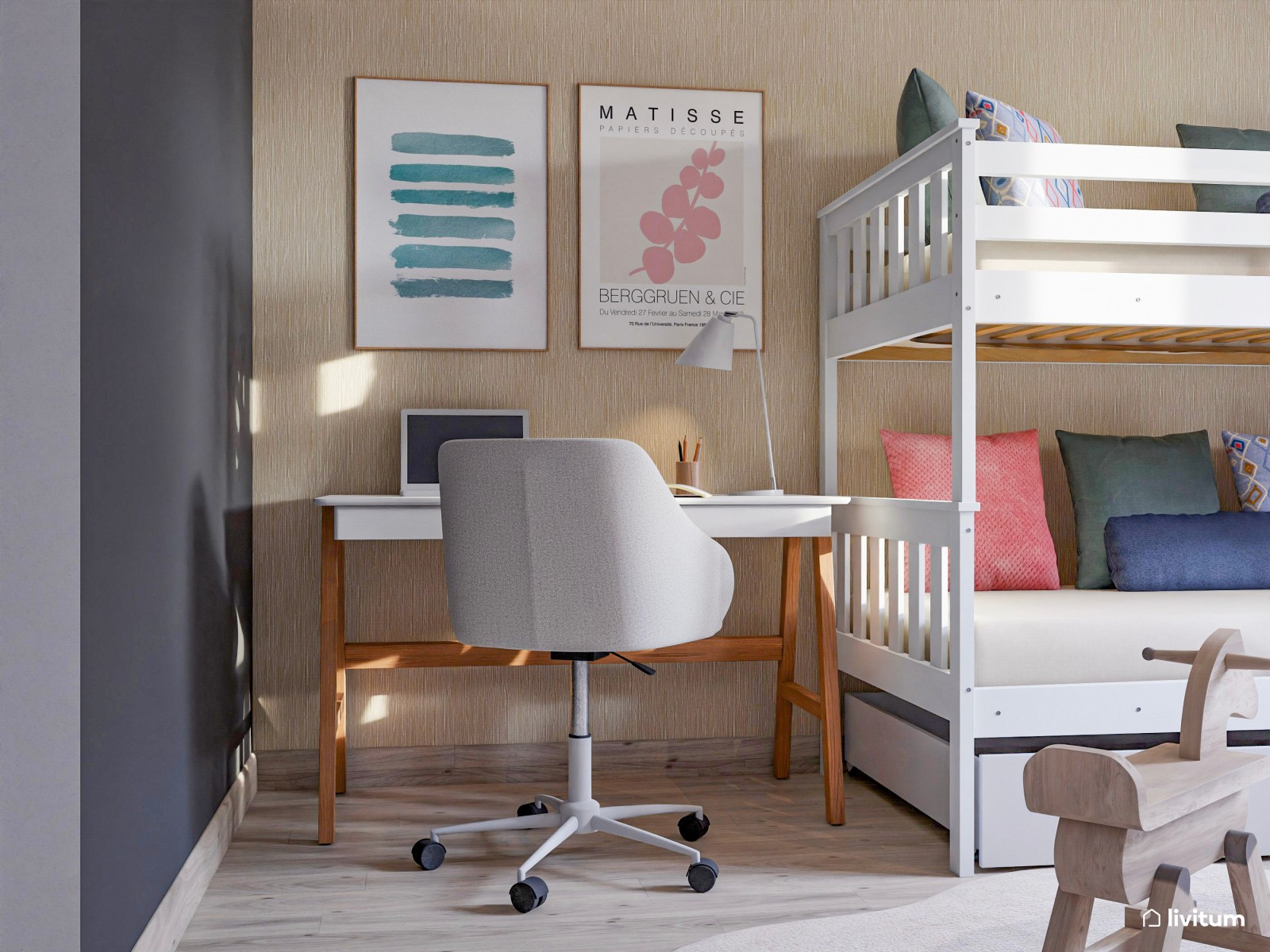 Dormitorio infantil funcional con litera y zona de estudio