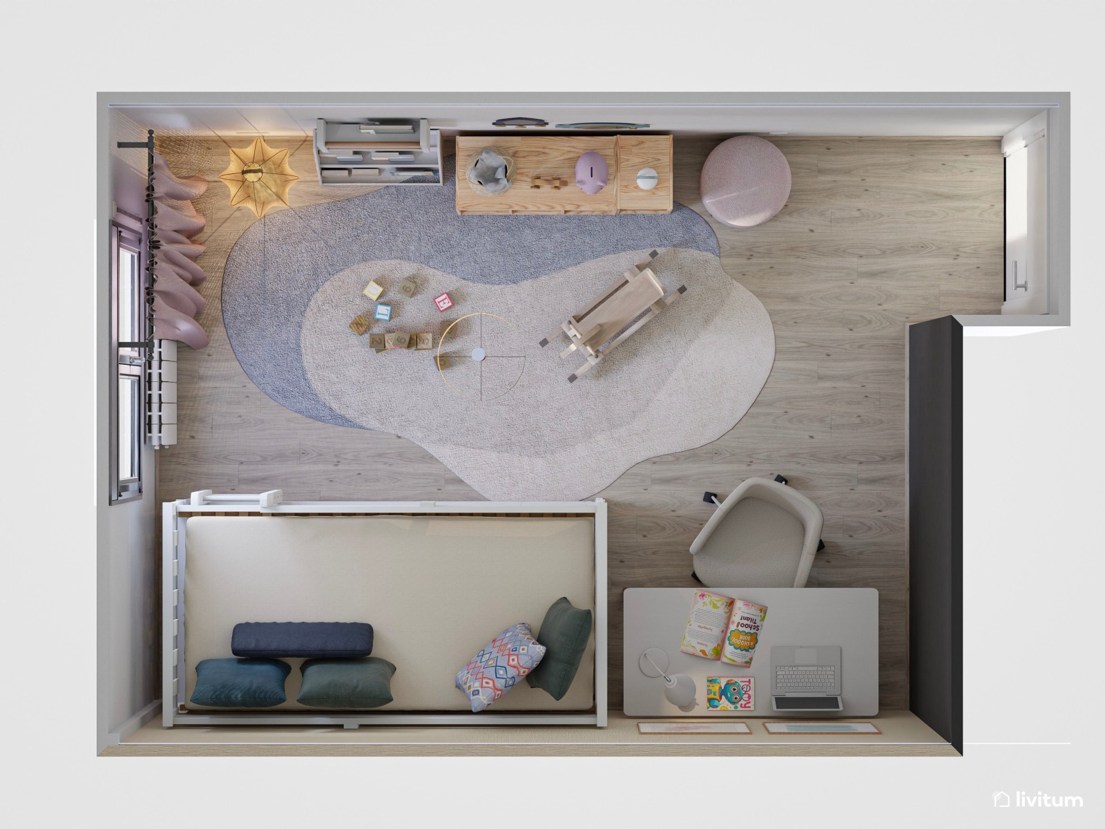 Dormitorio infantil funcional con litera y zona de estudio