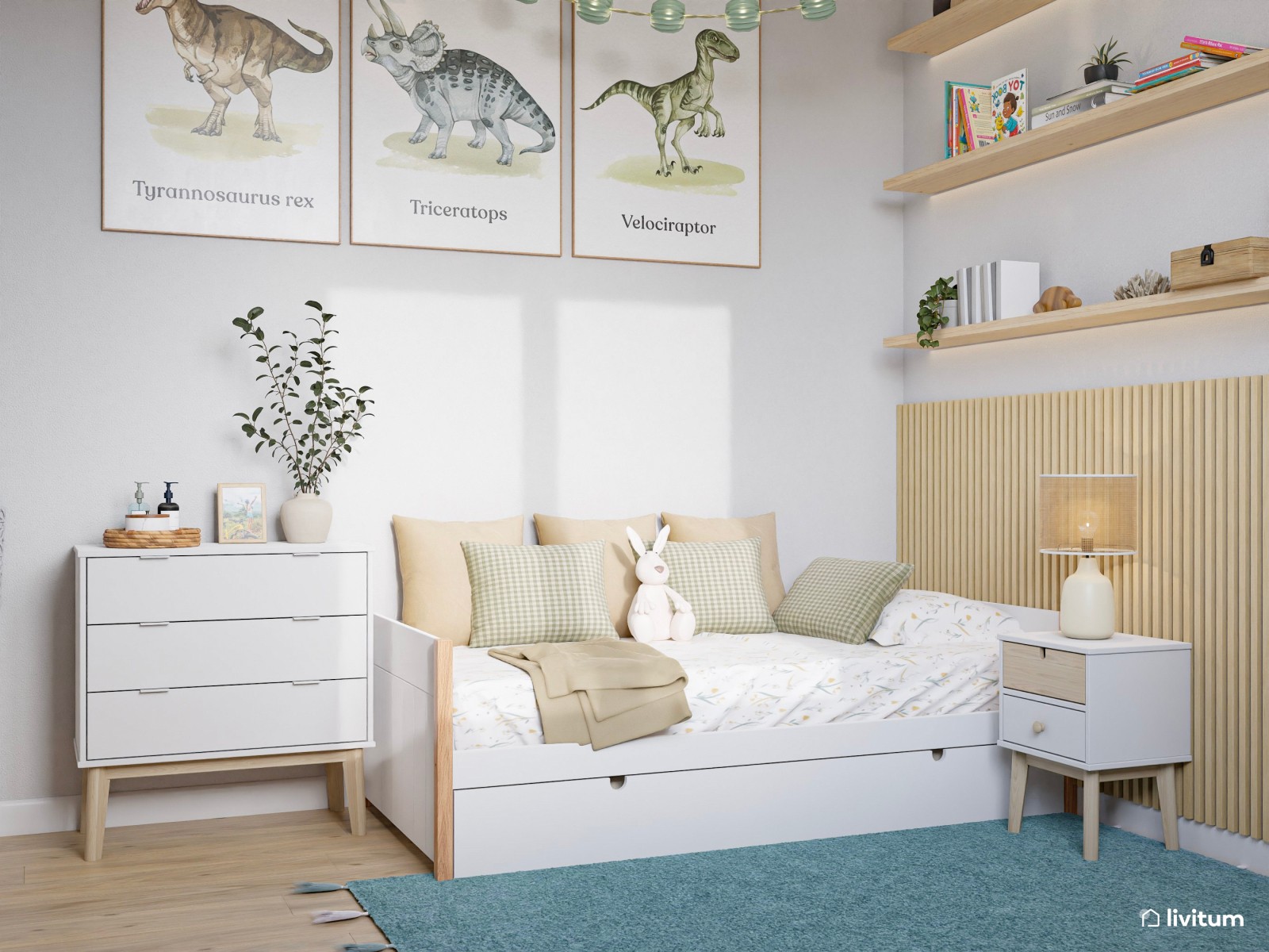Dormitorio infantil moderno y ecléctico para dos niños con alfombra en color turquesa