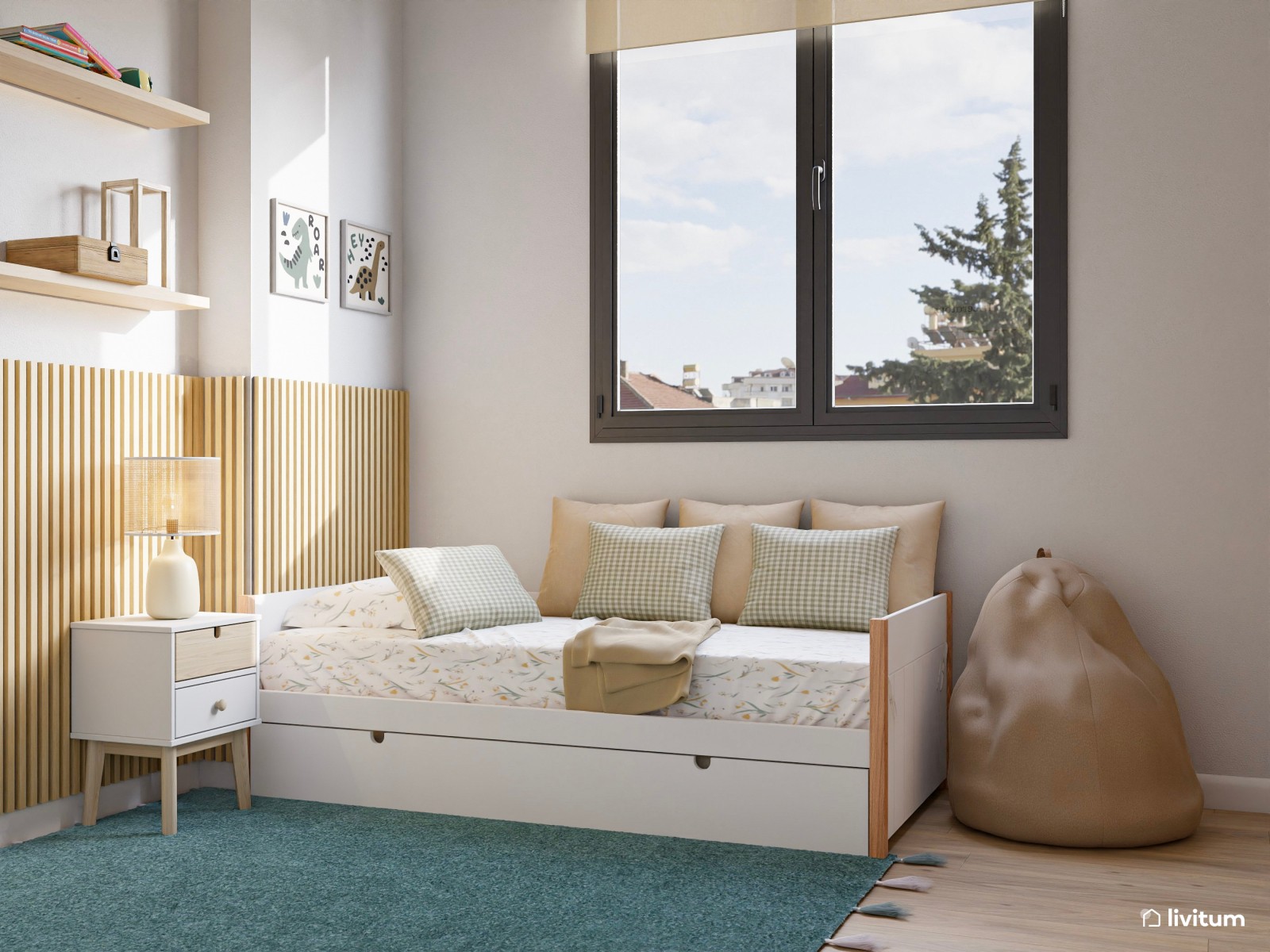 Dormitorio infantil moderno y ecléctico para dos niños con alfombra en color turquesa