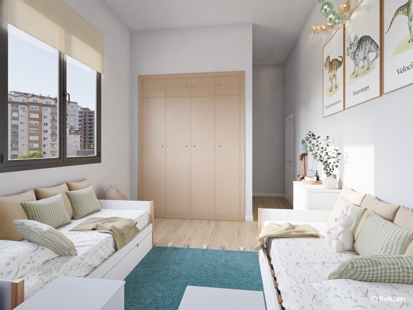 Dormitorio infantil moderno y ecléctico para dos niños con alfombra en color turquesa
