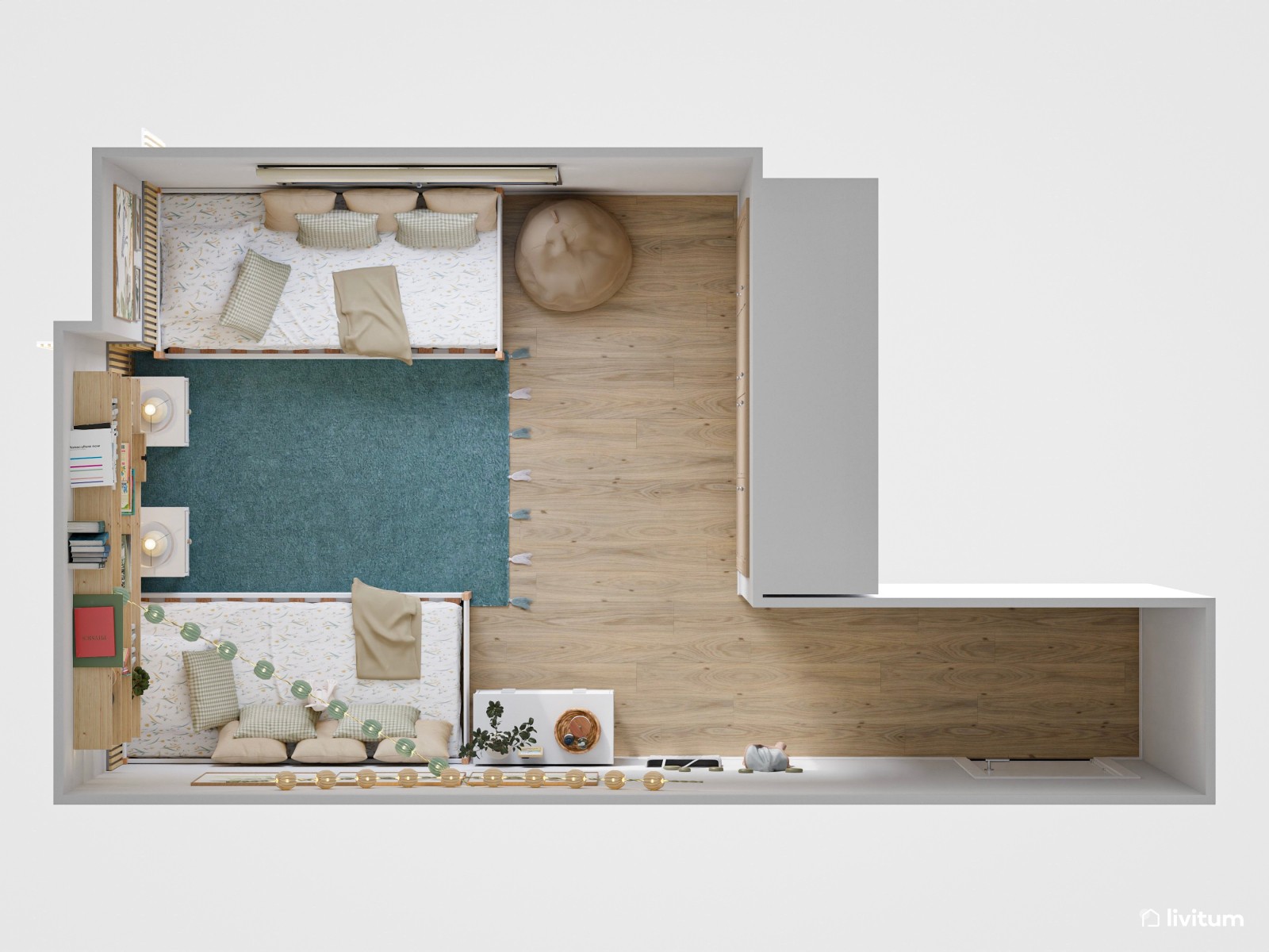 Dormitorio infantil moderno y ecléctico para dos niños con alfombra en color turquesa