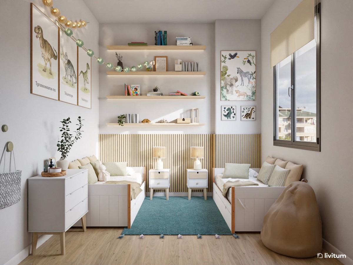 Dormitorio infantil moderno y ecléctico para dos niños con alfombra en color turquesa