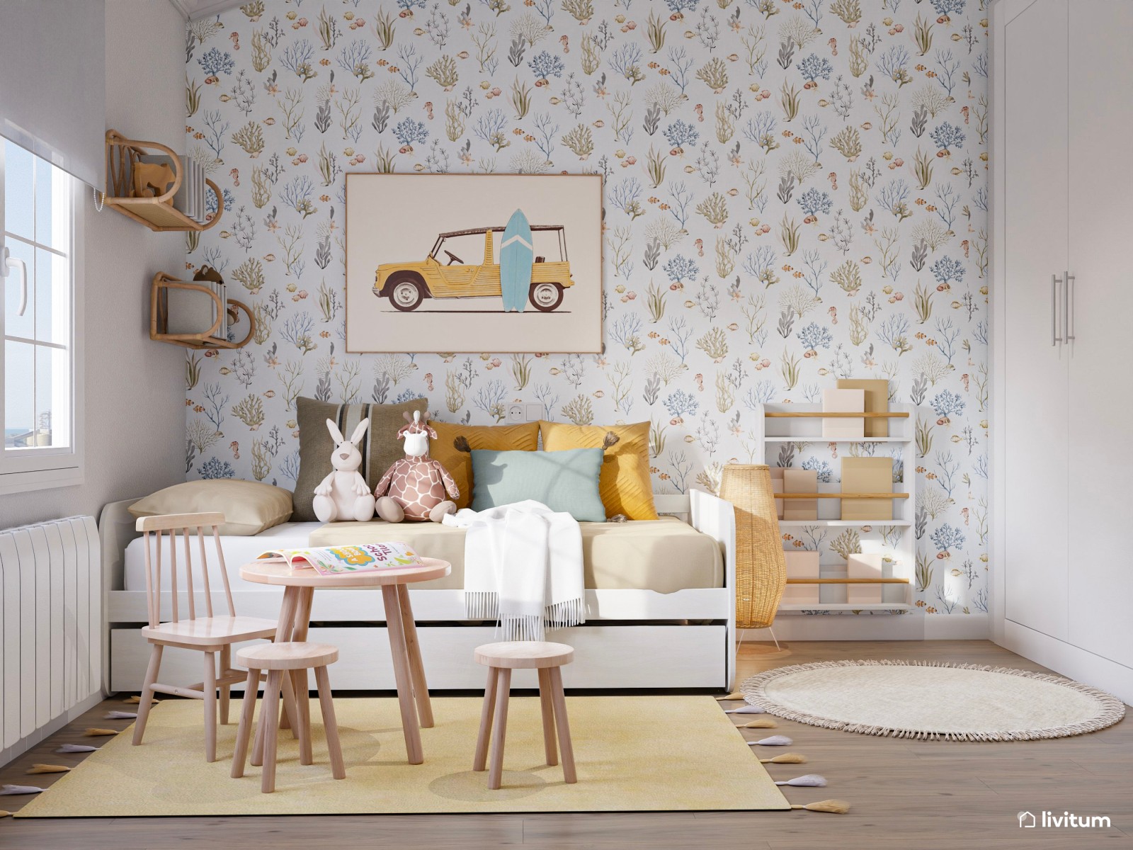 Dormitorio infantil nórdico con papel pintado y cama nido blanca